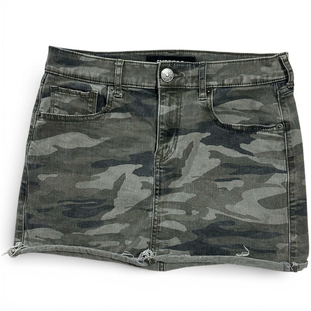 Women's Denim Mini Skirt Camo Print Size 2 Button Front Cotton Blend Y2K Jean
